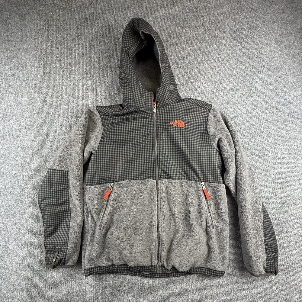 The North‎ Face Jacket Boys XL 18/20 Gray Hooded Fleece Check Full Zip Winter